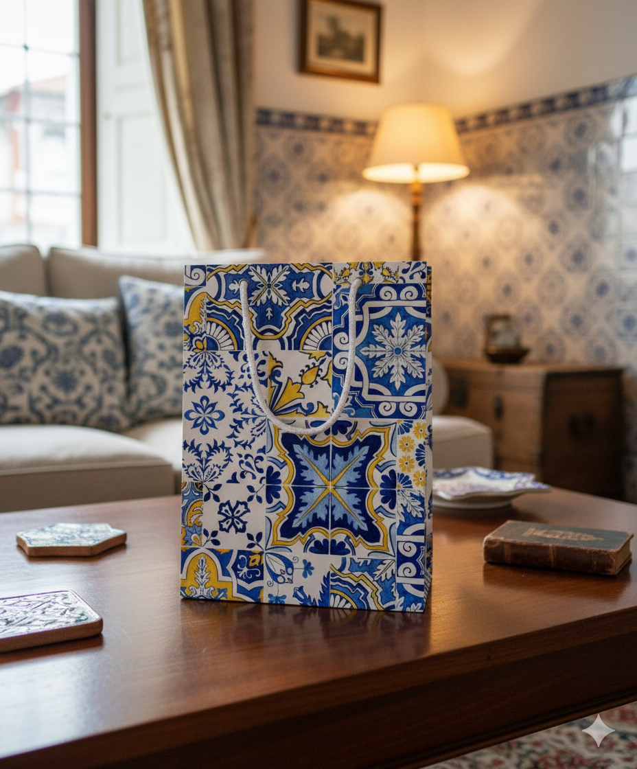 Decorative gift bag with blue and yellow tile pattern on a wooden table in a living room.