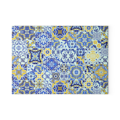 Patterned fabric with blue, yellow, and white design on a white background