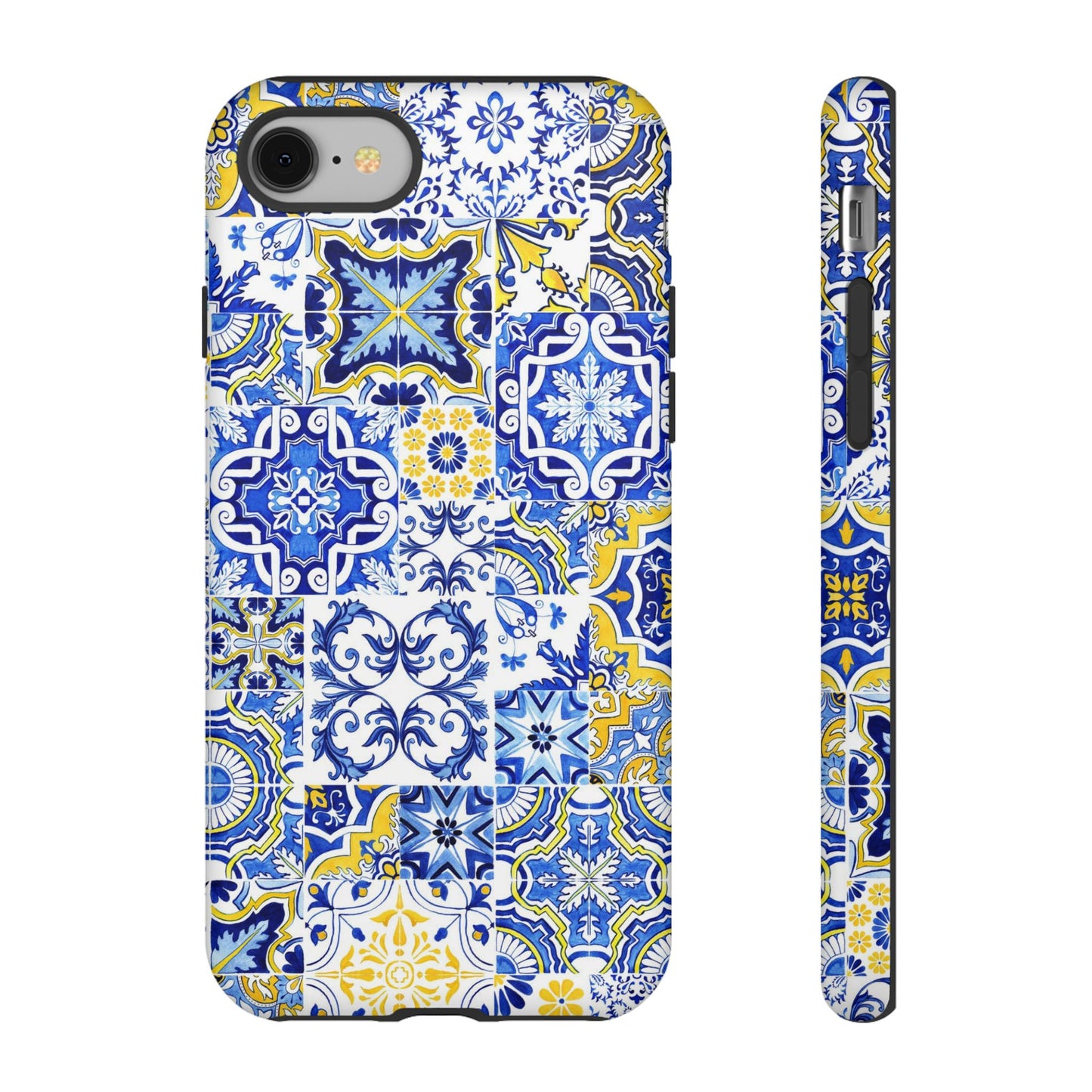 Phone case with blue and yellow mosaic pattern on a white background