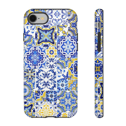 Phone case with blue and yellow mosaic pattern on a white background