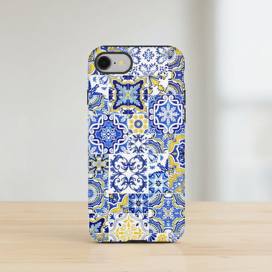Phone case with blue and yellow mosaic pattern on a white background