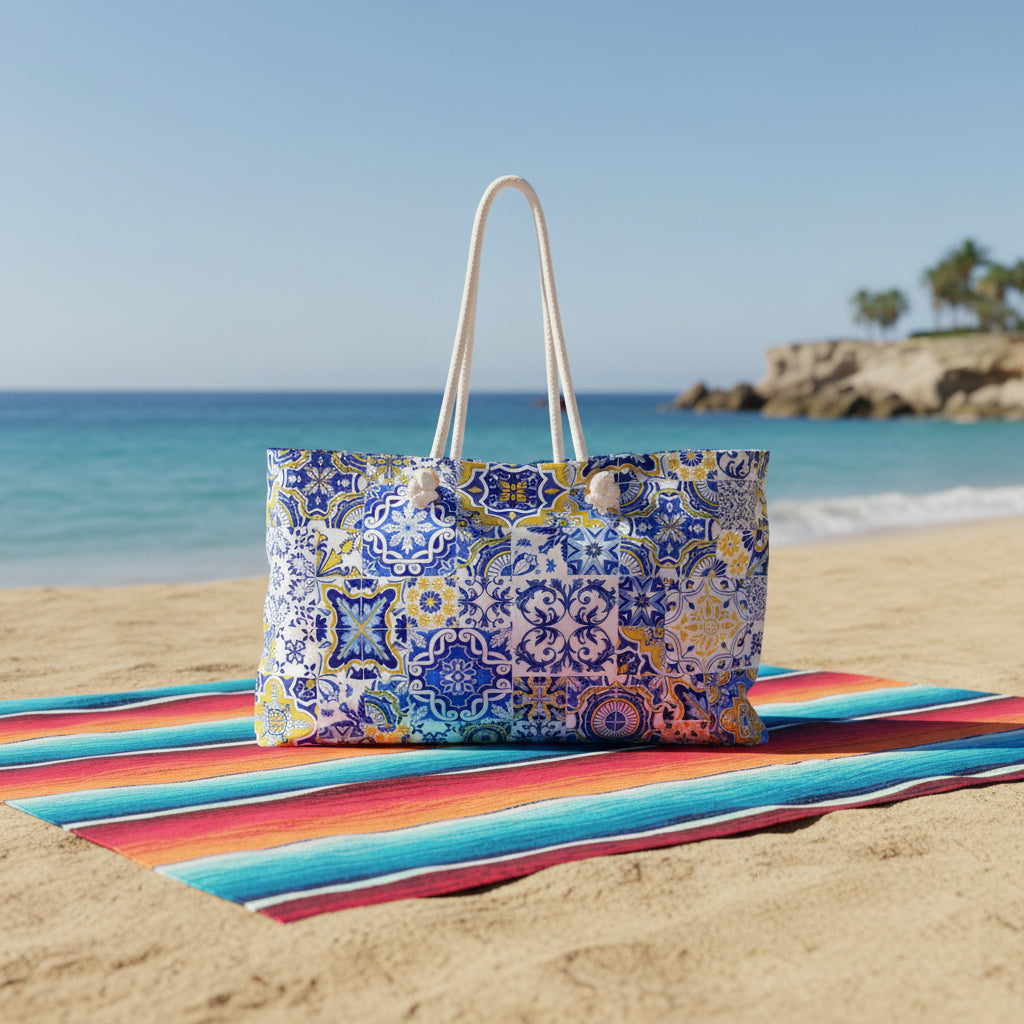 Tote bag with blue and yellow azulejo pattern on a beach