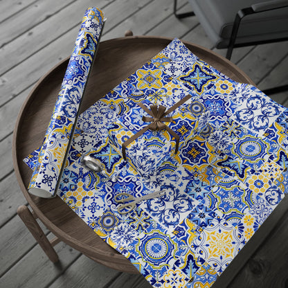 Decorative wrapping paper with blue and yellow portuguese tile pattern on a wooden table