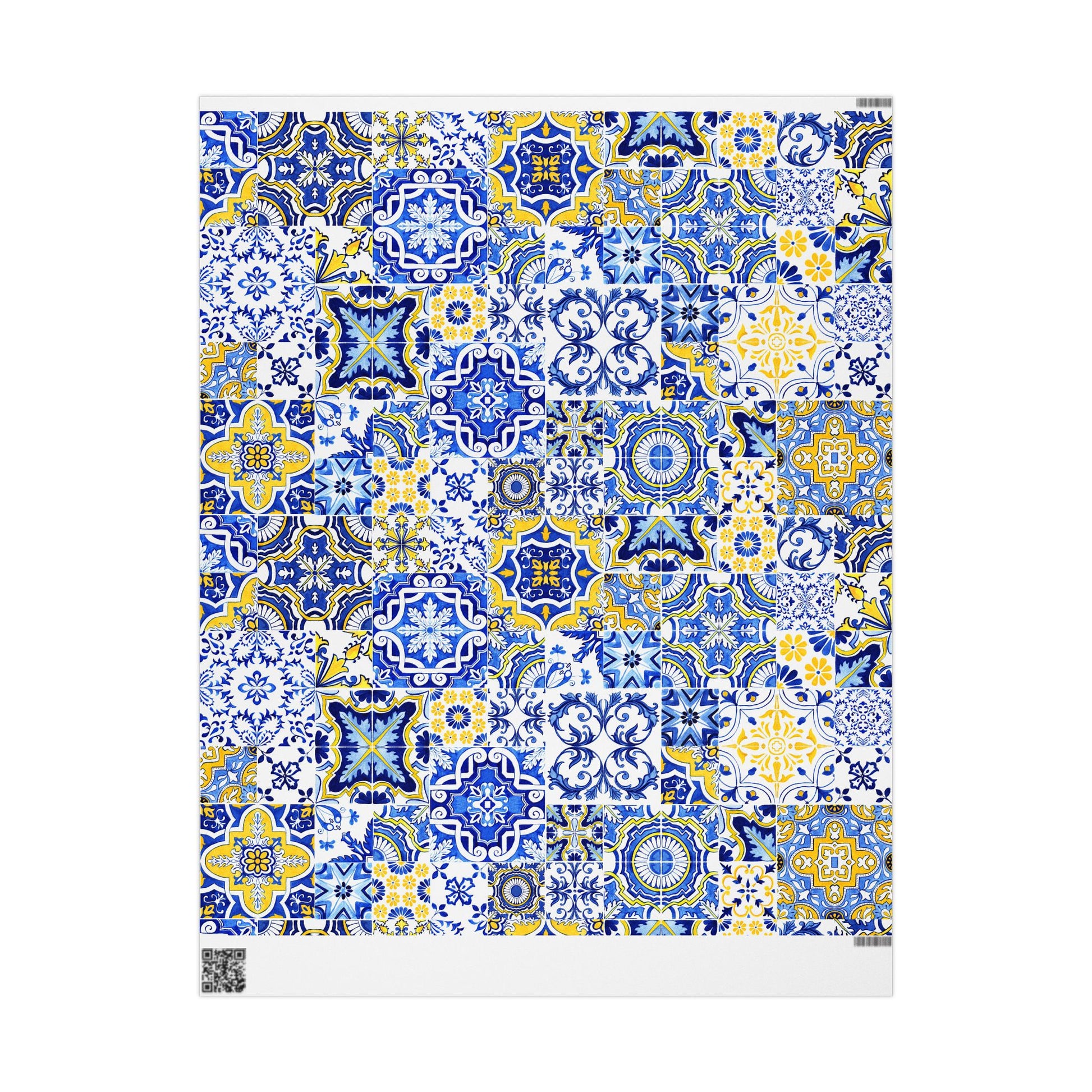 Sheet of wrapping paper with blue and yellow portuguese tile pattern on a white background