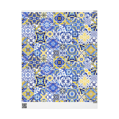 Sheet of wrapping paper with blue and yellow portuguese tile pattern on a white background