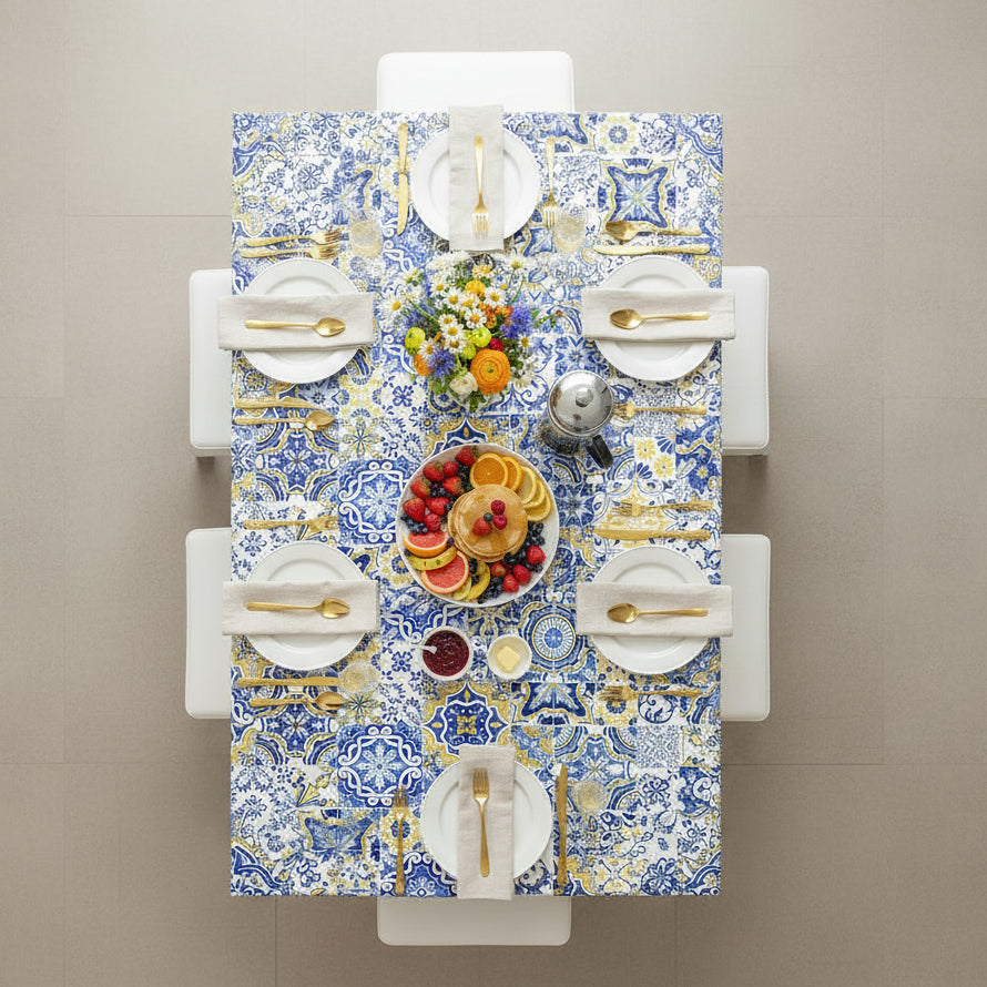 Decorative tablecloth with blue, yellow, and white geometric pattern