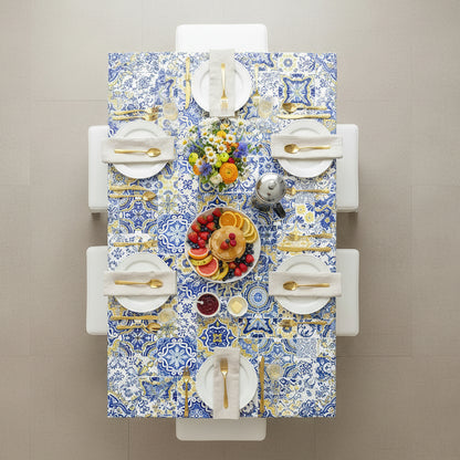 Decorative tablecloth with blue, yellow, and white geometric pattern
