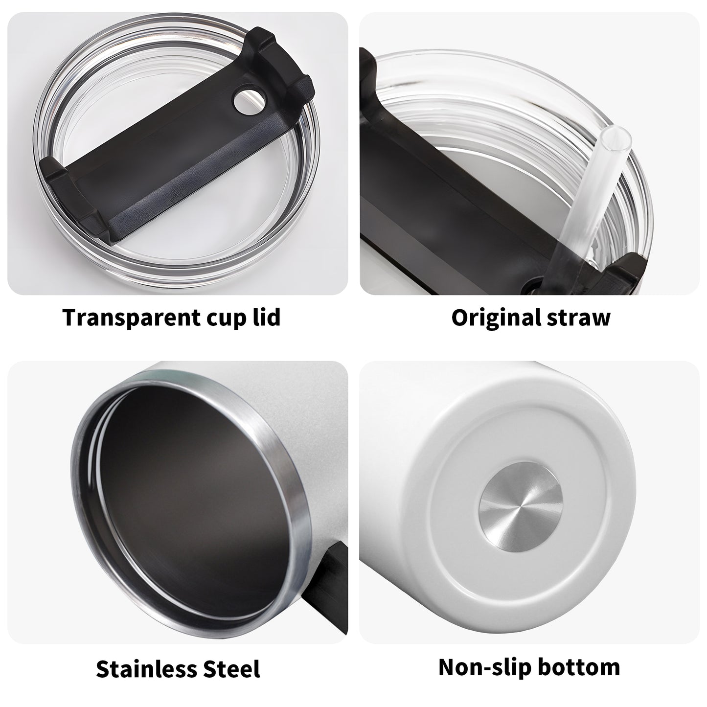 A product photo of an insulated stainless steel tumbler with a large black handle. The body of the cup is covered in a fall-themed repeating geometric design made of octagonal tile shapes in black, burnt orange, and cream. The tumbler's clear spill-proof lid with a black sliding closure rests detached on the white background next to it.