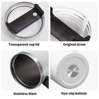 A product photo of an insulated stainless steel tumbler with a large black handle. The body of the cup is covered in a fall-themed repeating geometric design made of octagonal tile shapes in black, burnt orange, and cream. The tumbler's clear spill-proof lid with a black sliding closure rests detached on the white background next to it.