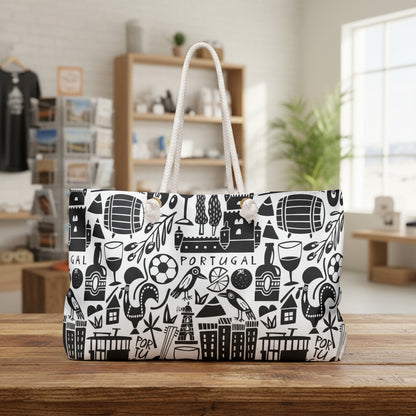 Tote bag with black and white pattern on a white background