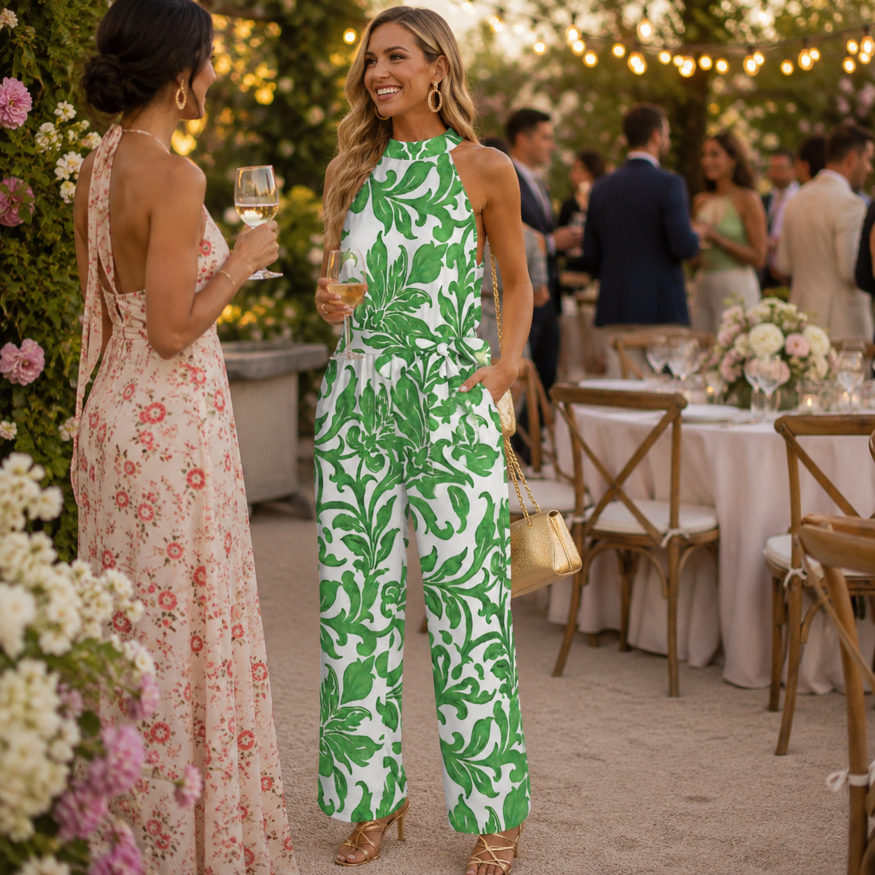 A woman at an outdoor evening event wears a sleeveless white jumpsuit with a bold green leaf pattern. She is holding a glass of white wine and carrying a small beige handbag, standing next to another woman in a floral dress.