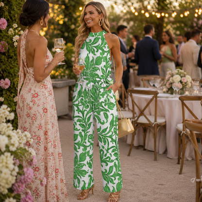 A woman at an outdoor evening event wears a sleeveless white jumpsuit with a bold green leaf pattern. She is holding a glass of white wine and carrying a small beige handbag, standing next to another woman in a floral dress.
