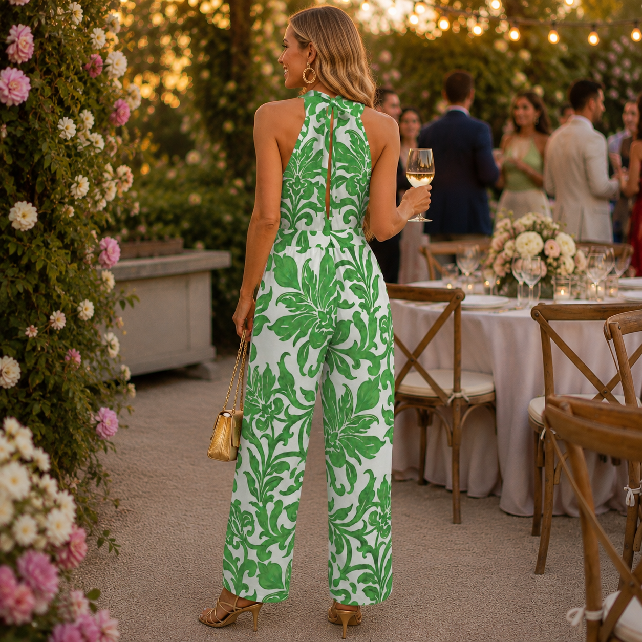 A woman stands with her back to the camera at an outdoor evening event, wearing a sleeveless white jumpsuit with a bold green floral pattern. She is holding a glass of white wine and carrying a small gold handbag.