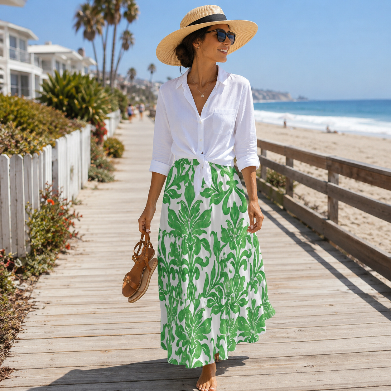 A woman walking on a wooden boardwalk by the beach, wearing a white long-sleeve button-up shirt tied at the waist with a green and white botanical print maxi skirt, a wide-brimmed straw hat, sunglasses, and carrying a brown woven handbag.