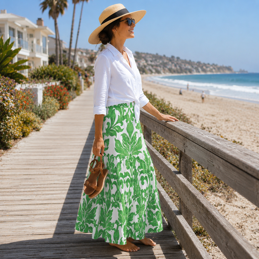 A woman stands on a wooden boardwalk by the beach wearing a white long-sleeve blouse and a green and white botanical print maxi skirt, with a straw hat and sunglasses.