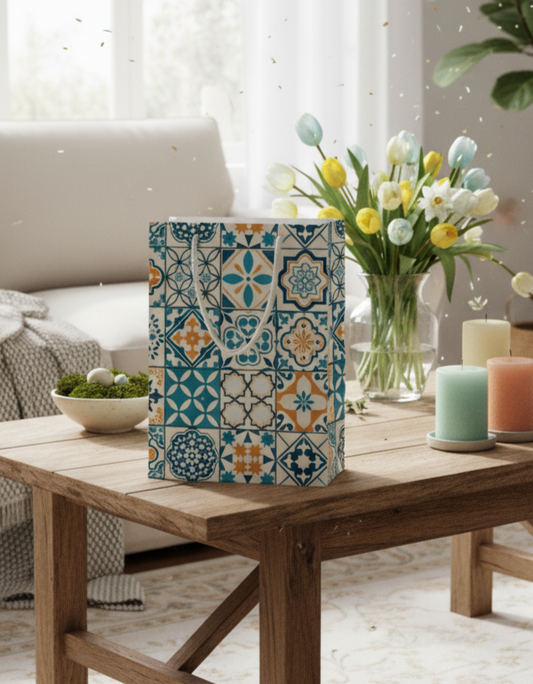 portuguese tile gift bag in Living room with a wooden coffee table, decorative vase, and flowers.