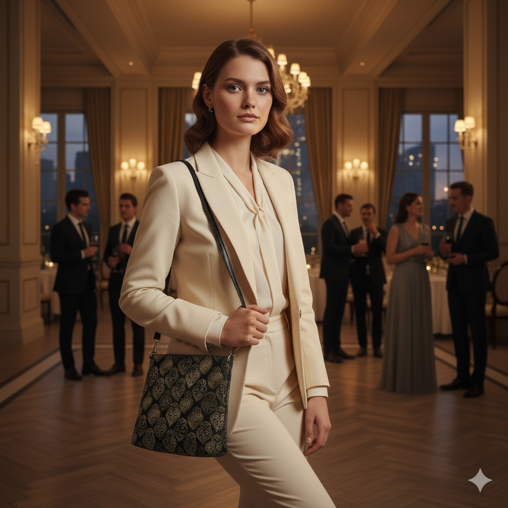 Woman in a beige suit with a patterned handbag in an elegant indoor setting