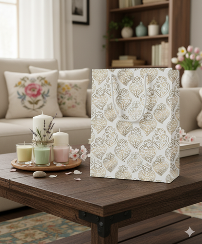 Decorative gift bag with Portuguese heart pattern on a wooden table in a living room setting.