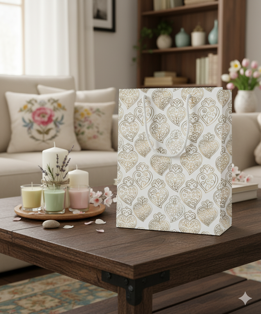 Decorative gift bag with Portuguese heart pattern on a wooden table in a living room setting.