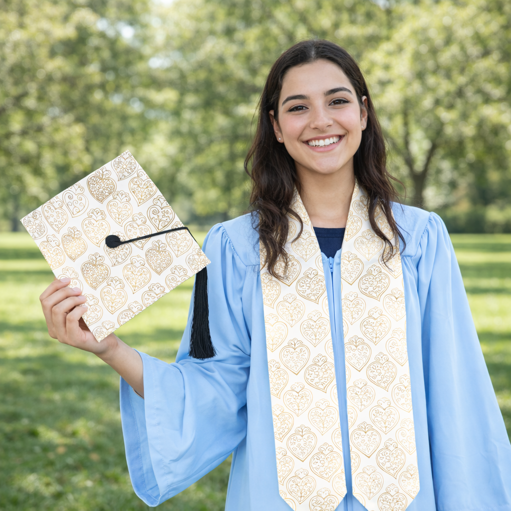 Graduate in blue gown holding a decorated diploma outdoors with greenery in the background