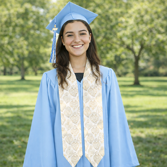 Graduate in blue cap and gown with a decorative stole standing outdoors in a park.