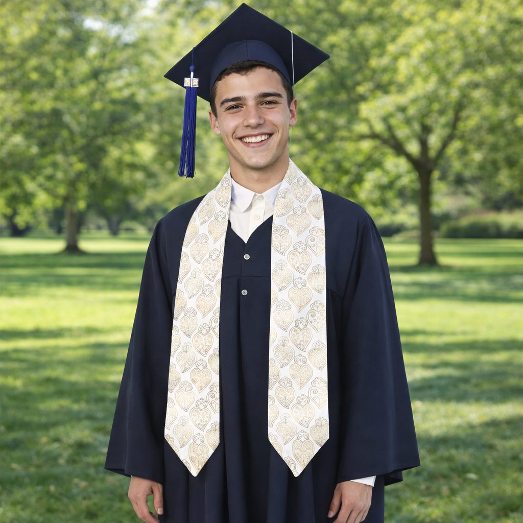 Graduate in cap and gown with a tassel standing outdoors on a sunny day.
