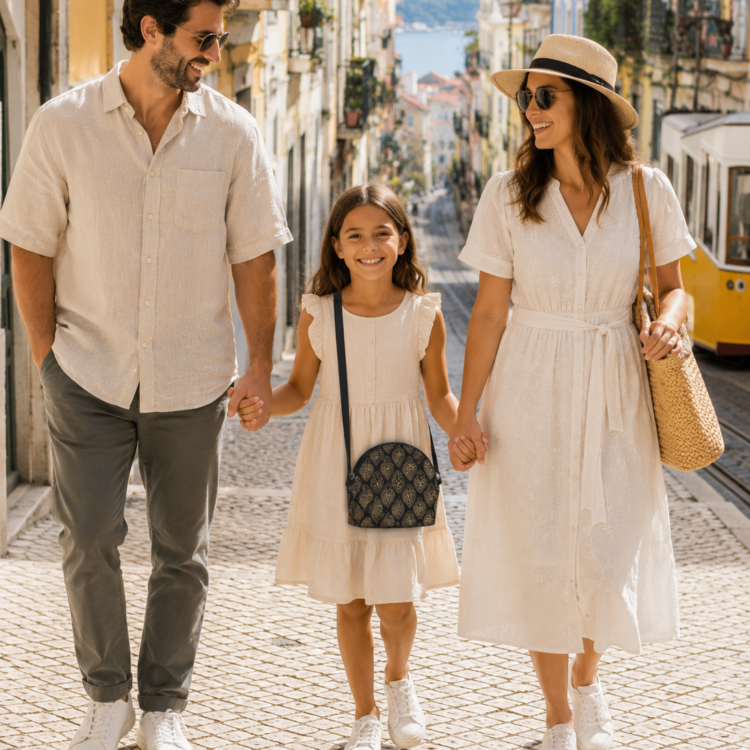 A family of three walking hand-in-hand down a cobblestone street in a sunlit coastal town. The father wears a light beige short-sleeve button-up shirt and gray trousers, the mother wears a matching light beige midi dress with a straw hat and woven bag, and their daughter wears a sleeveless cream dress with a black monogram crossbody bag.