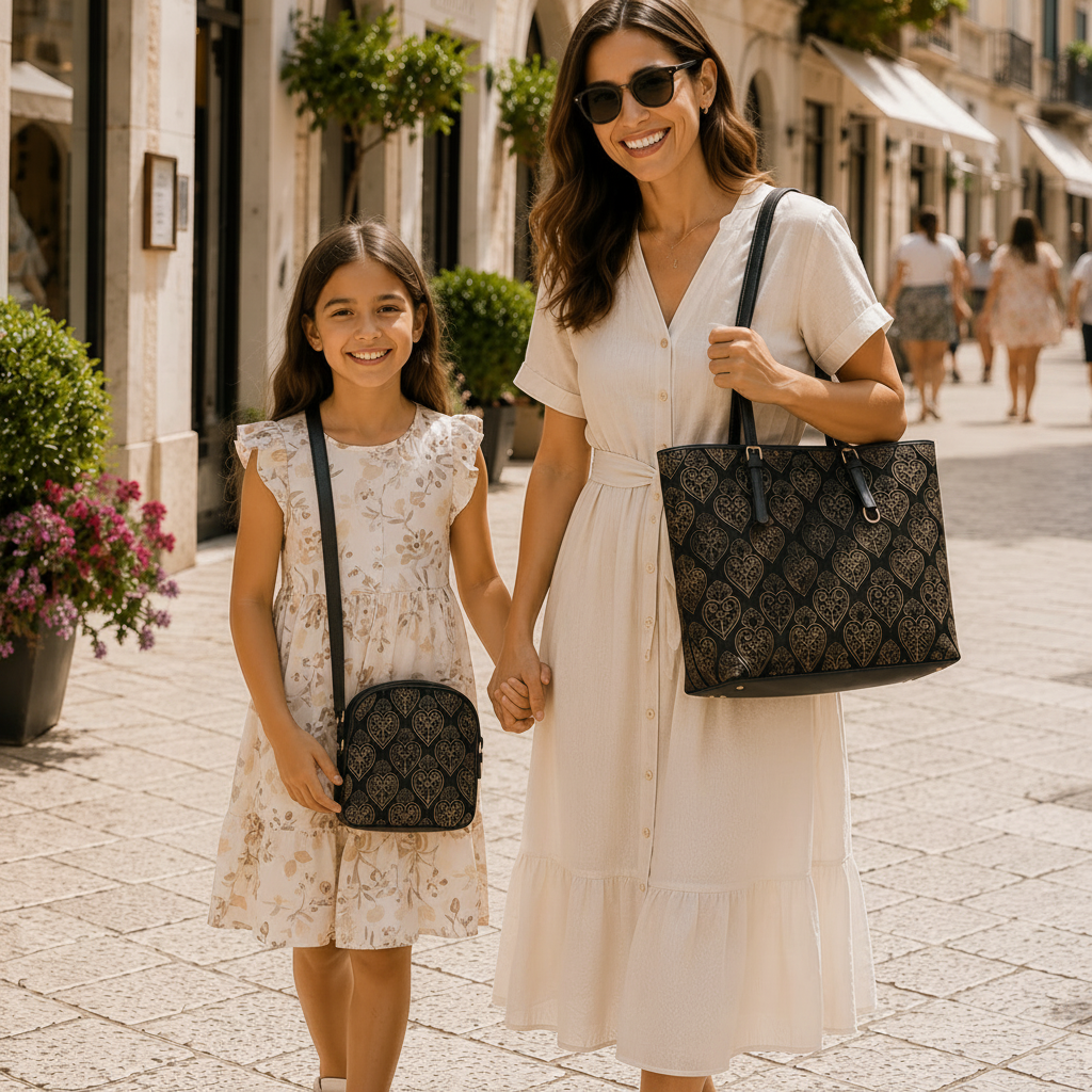 A woman and a young girl walking hand-in-hand down a sunny, pedestrian-friendly European-style street. Both are wearing matching cream-colored dresses, and both are carrying matching black quilted tote and shoulder bags with a repeating monogram pattern.