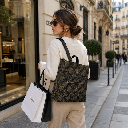 A woman on a city sidewalk wears a black and beige patterned Celine tote bag, holding a white Celine shopping bag.