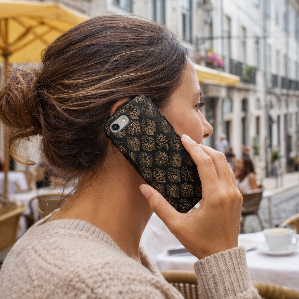 Woman talking on a phone with a city street in the background