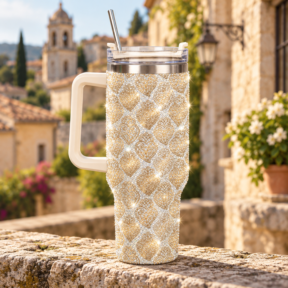 A handleless insulated tumbler with a metal straw sits on a stone ledge outdoors. The tumbler is covered in sparkling rhinestones and has a white handle.