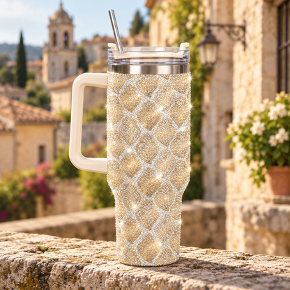 A handleless insulated tumbler with a metal straw sits on a stone ledge outdoors. The tumbler is covered in sparkling rhinestones and has a white handle.