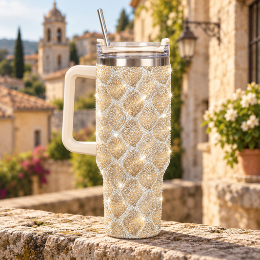 A handleless insulated tumbler with a metal straw sits on a stone ledge outdoors. The tumbler is covered in sparkling rhinestones and has a white handle.