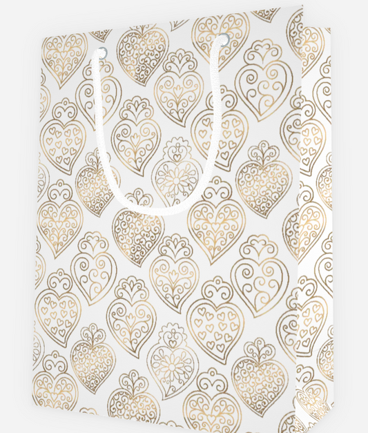 giftbag with pattern of portuguese  gold hearts on a white background