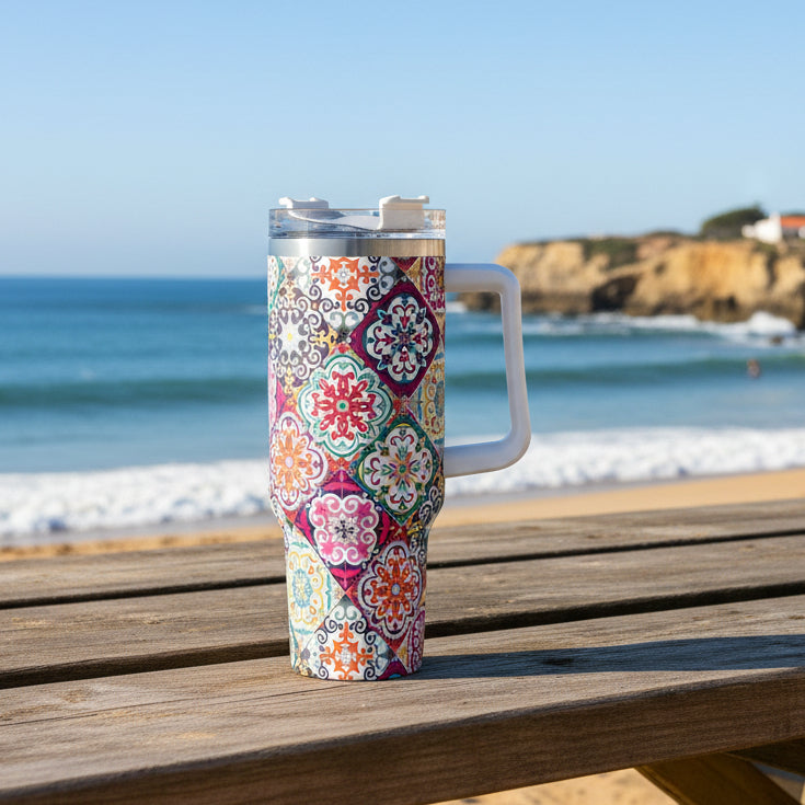 A 40oz stainless steel tumbler with a colorful Portuguese tile-inspired pattern, featuring a handle and a lid, placed in a car's cup holder.