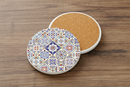 Decorative coaster with colorful pattern on one side and cork back on the other, on a white background.