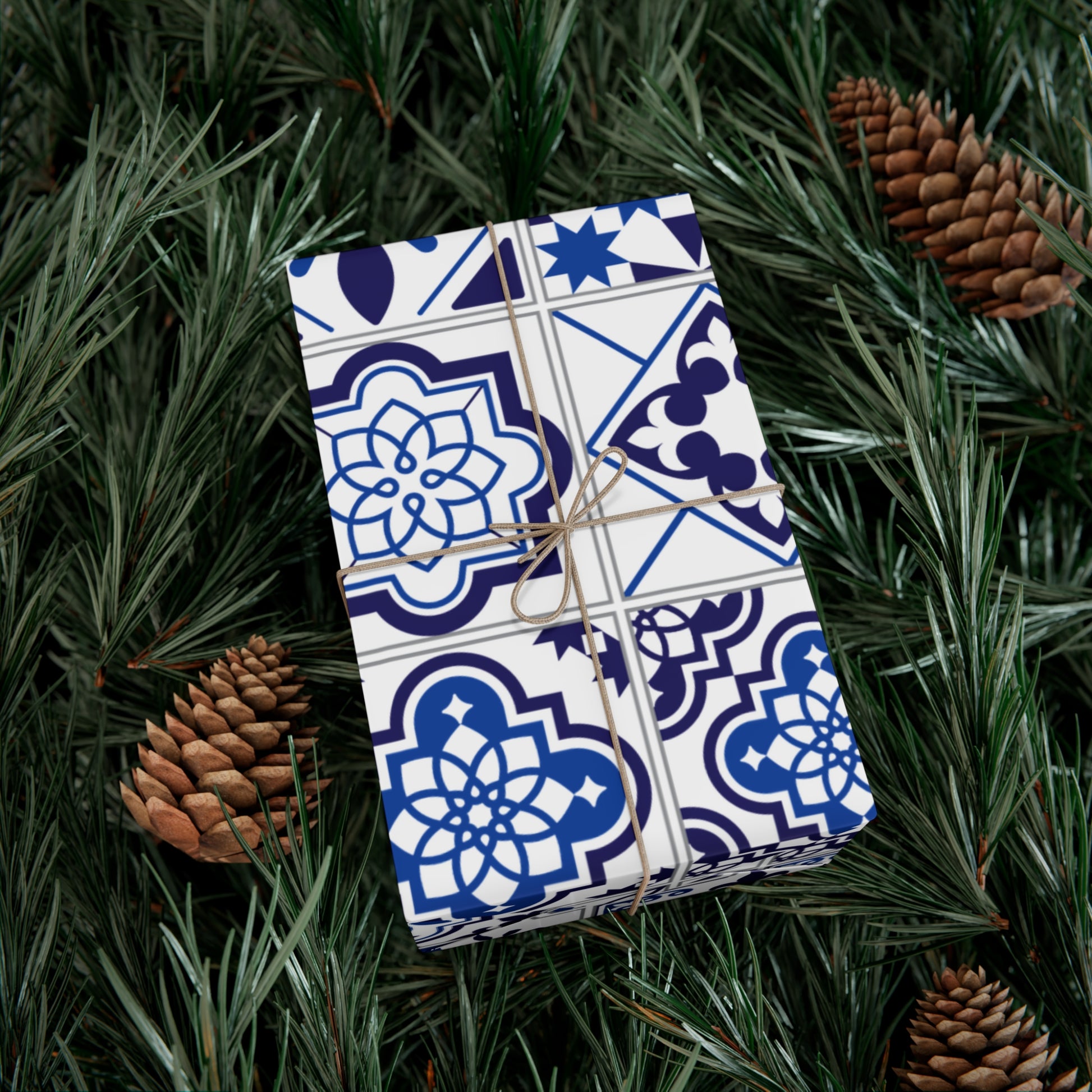 Gift box with blue and white pattern wrapped in paper, tied with string, on green foliage with pine cones.