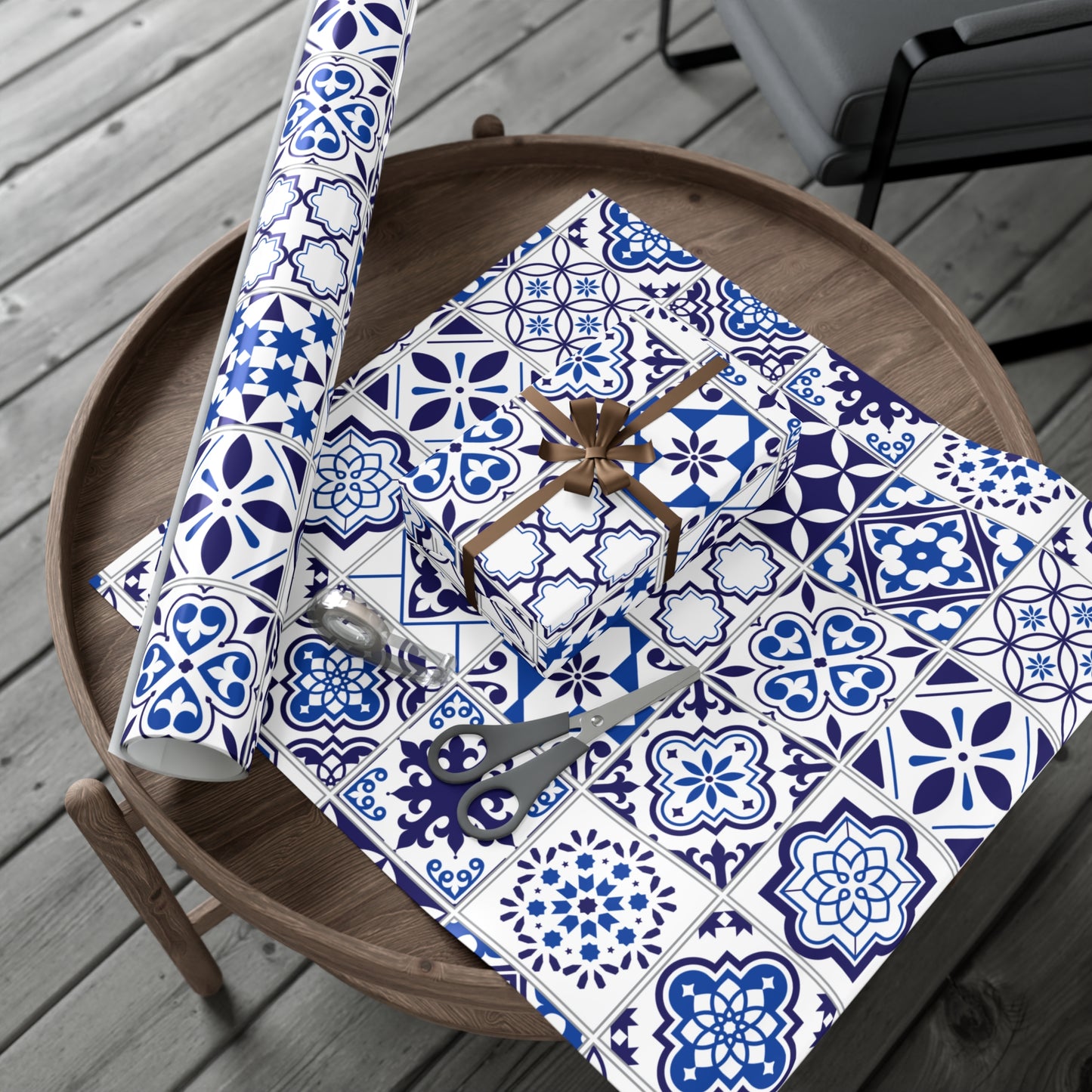 gift wrap with blue and white pattern on a wooden surface