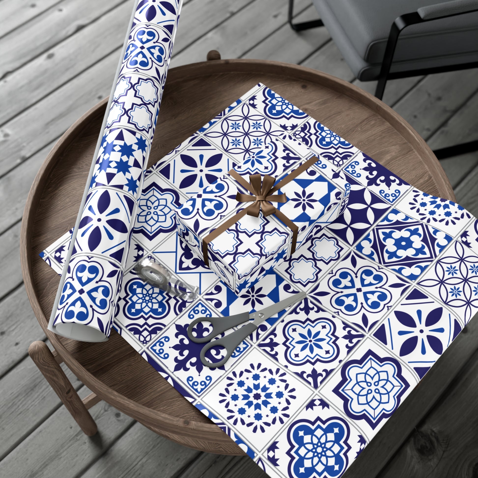 gift wrap with blue and white pattern on a wooden surface