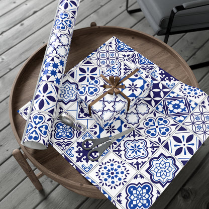 gift wrap with blue and white pattern on a wooden surface