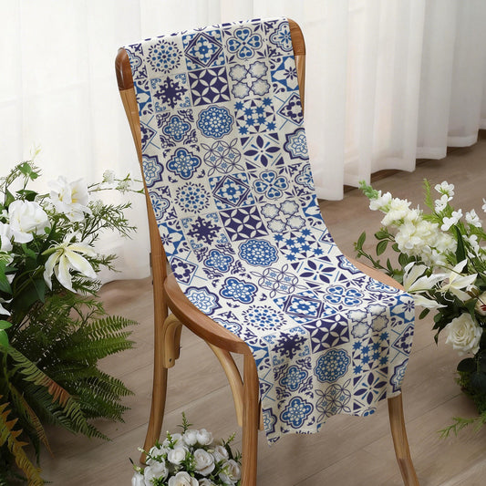 Azul Linen Tapestry Chair Cover (15x50") featuring Portuguese tile inspired azulejo patterns. Perfect for weddings, chair decor, table runners, and elegant event styling.