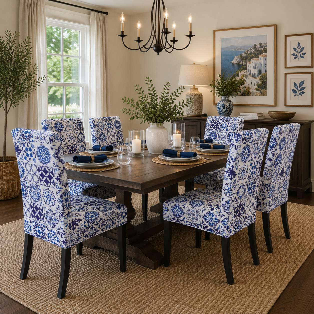 A dining room set featuring a dark wood rectangular table surrounded by six high-back chairs upholstered in a blue and white geometric floral pattern. The room is styled with a woven jute rug, a black chandelier, and a sideboard with framed art.