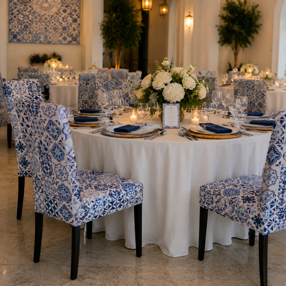 A round dining table set in a grand hall, featuring a white tablecloth, blue and white patterned chairs, and a white floral centerpiece.