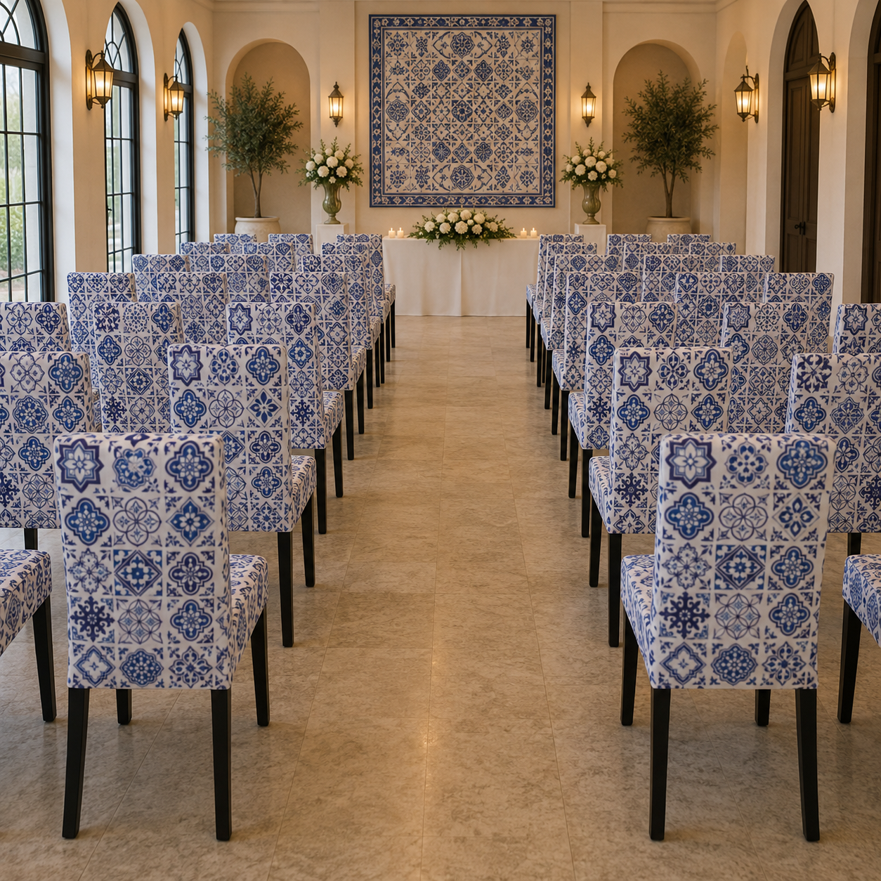 A row of dining chairs upholstered in blue and white patterned fabric covers, arranged in two rows inside a bright, arched hall with a floral altar setup in the background.