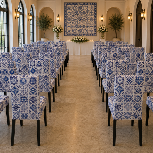 A row of dining chairs upholstered in blue and white patterned fabric covers, arranged in two rows inside a bright, arched hall with a floral altar setup in the background.