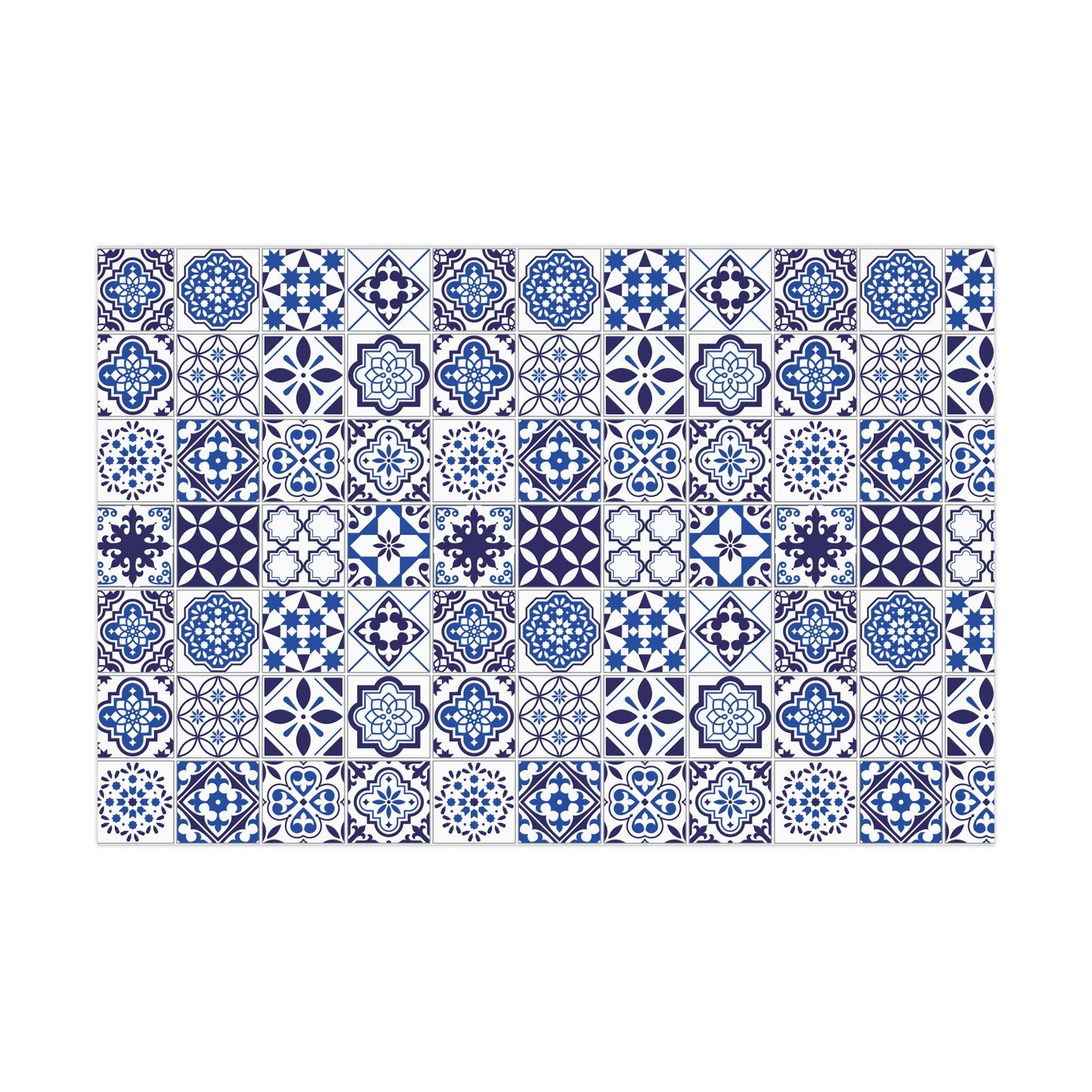 Pattern of blue and white decorative tiles gift wrap on a white background