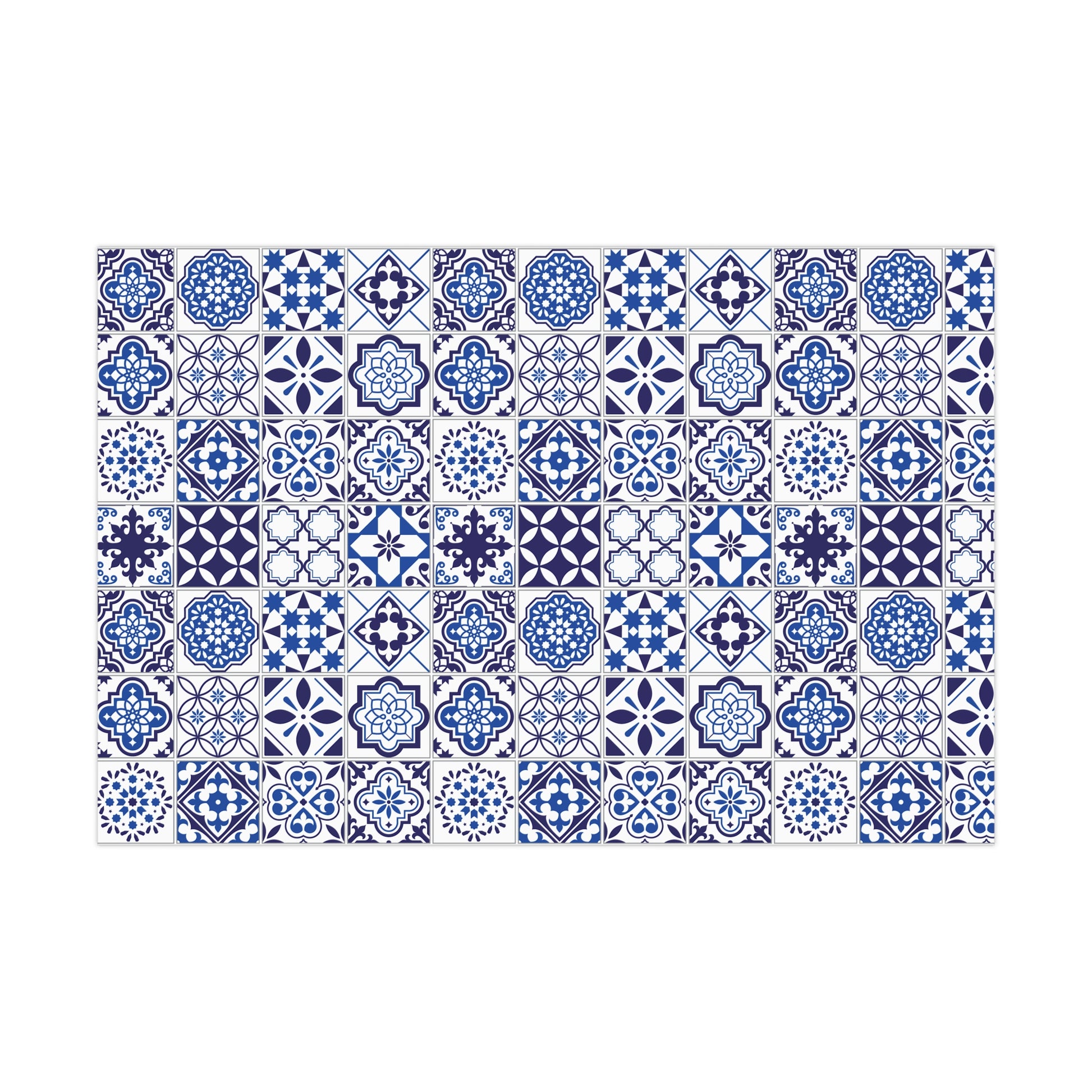 Pattern of blue and white decorative tiles gift wrap on a white background