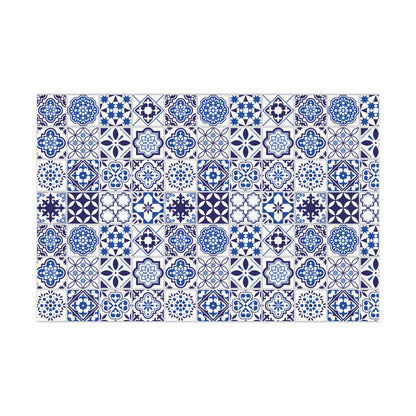 Pattern of blue and white decorative tiles gift wrap on a white background