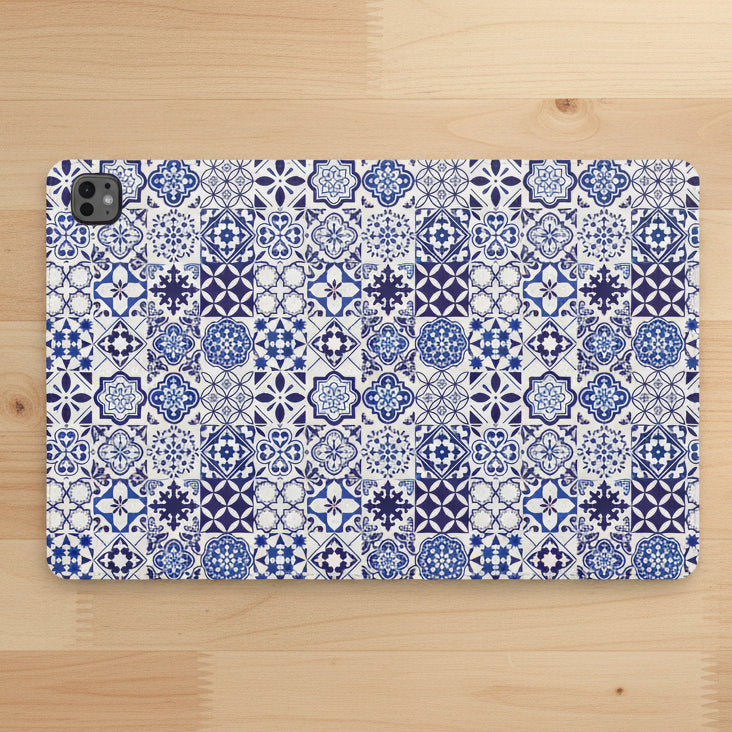 A protective tablet case featuring a detailed blue and white Portuguese ceramic tile pattern, shown on a clean white background.