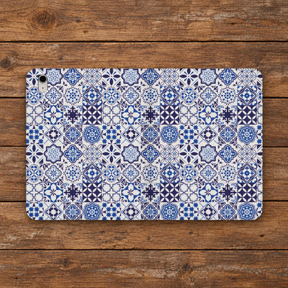 A protective tablet case featuring a detailed blue and white Moroccan tile pattern, shown from a top-down view on a plain white background.